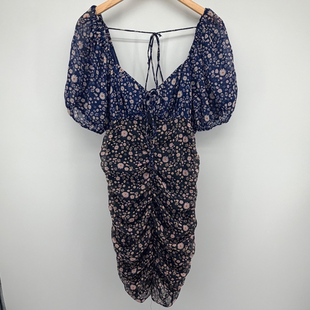Free People Floral Ruched Mini Dress Womens Medium Navy Black Daisy Puff Sleeve